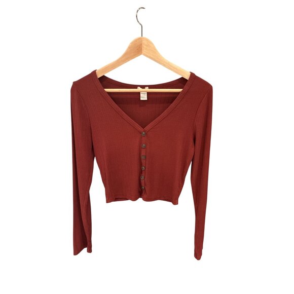 Womens Rust Red Button-Up Ribbed Knit Long-Sleeve Cropped Cardigan Top Size L - Picture 1 of 5